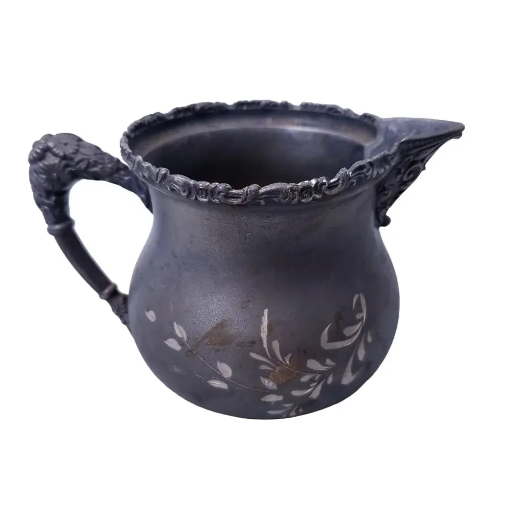 Antique Silverplate Etched Spooner Sugar Creamer 4pc Set Engraved Vintage Decor